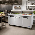 Atosa MSF8308GR Three-Section Mega Top Sandwich/Salad Prep Refrigerator, 72.7-Inch, 30-Pan, Rear-Mounted Self-Contained, Stainless Steel