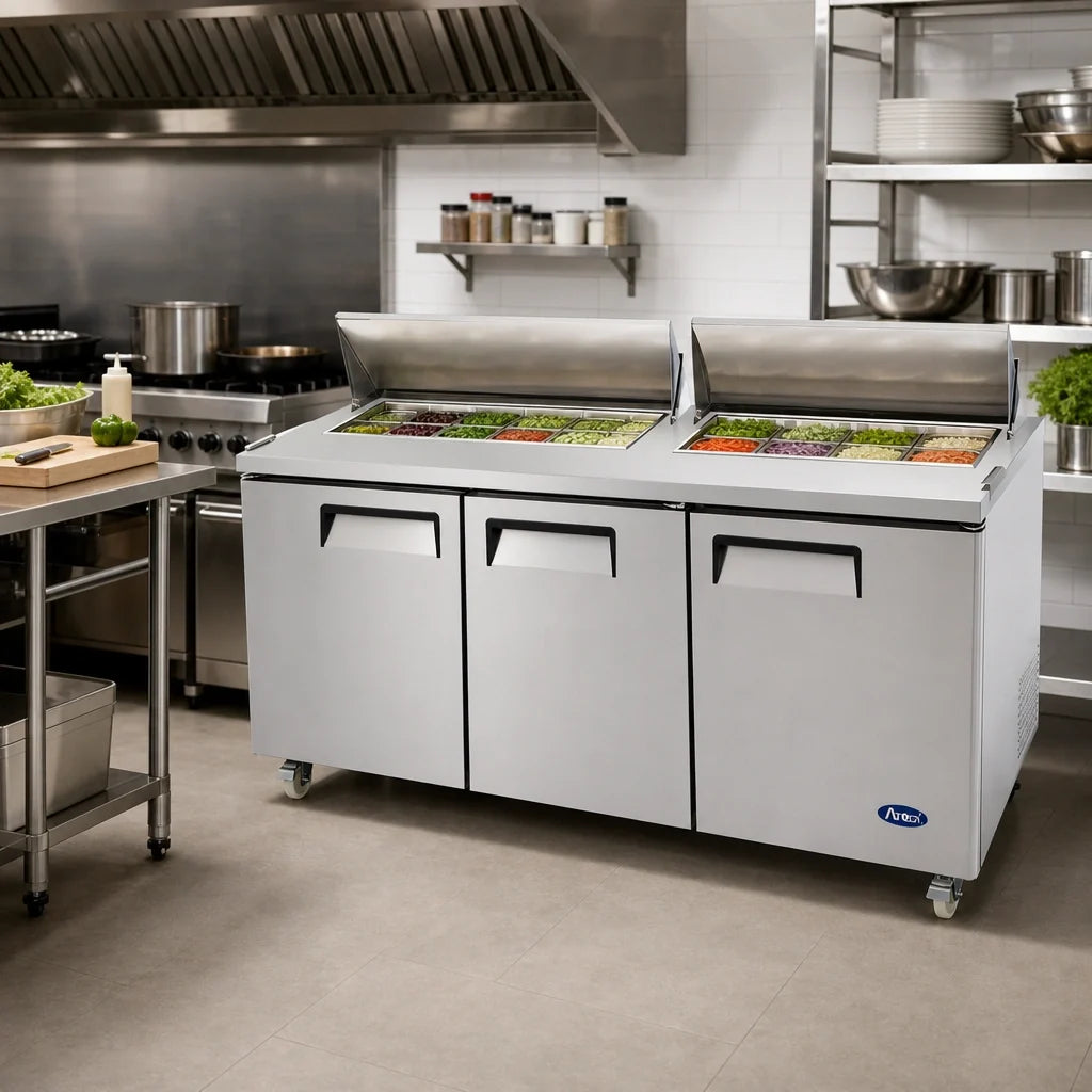 Atosa MSF8308GR Three-Section Mega Top Sandwich/Salad Prep Refrigerator, 72.7-Inch, 30-Pan, Rear-Mounted Self-Contained, Stainless Steel