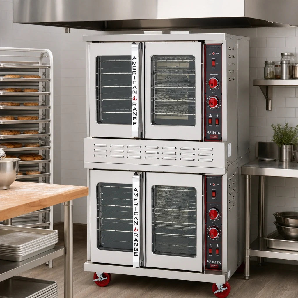 American Range M DBL Double-Deck Bakery-Depth Gas Convection Oven with Thermostatic Controls and 50/50 Glass Doors