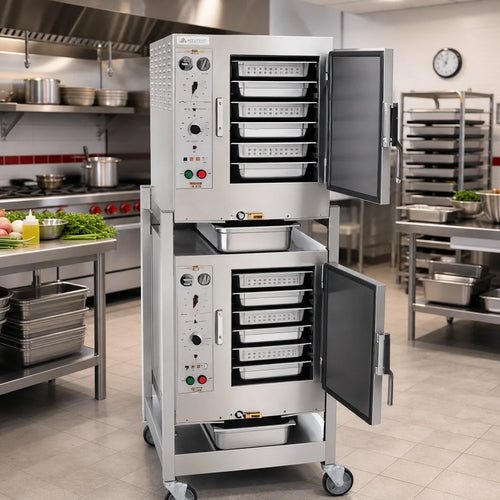 AccuTemp Steam'N'Hold S62083D150 DBL Two-Compartment Boilerless Electric Convection Steamer, Manual Controls, 12-Pan Capacity, Floor Model