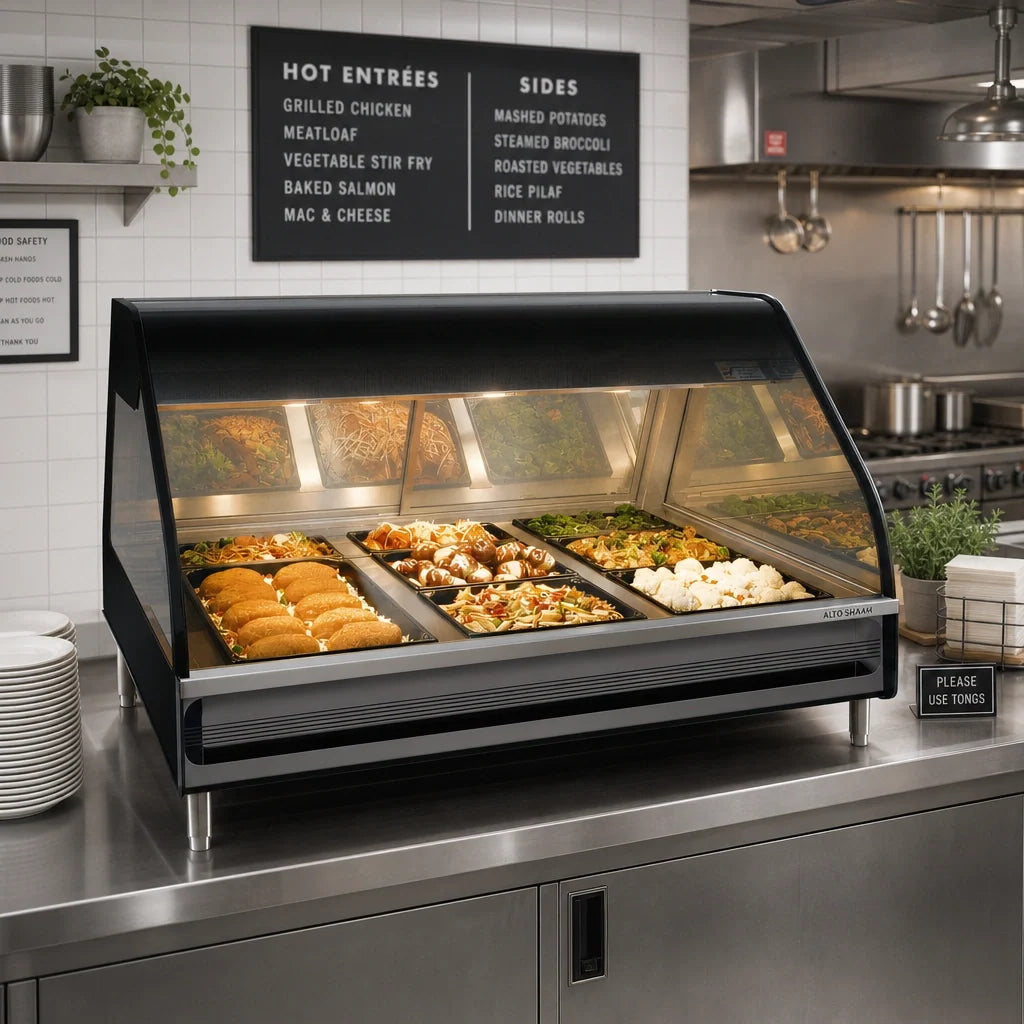 Alto-Shaam Halo Heat ED3-48 48-Inch Countertop Full-Service Heated Display Case, 3 Pan Sections, Curved Glass, Dual-Zone Heat, LED Lighting