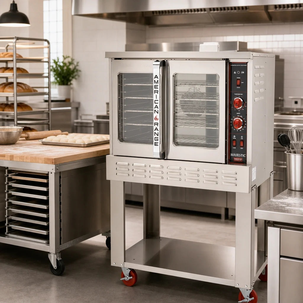 American Range M Single-Deck Bakery-Depth Gas Convection Oven, 5-Pan Capacity, Thermostatic Controls, Glass Doors