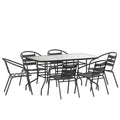 Flash Furniture TLH-089REC-017CBK6-GG 7-Piece Patio Dining Set with 55-Inch Tempered Glass Table and 6 Black Aluminum Slat Stack Chairs
