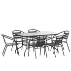 Flash Furniture TLH-089REC-017CBK6-GG 7-Piece Patio Dining Set with 55-Inch Tempered Glass Table and 6 Black Aluminum Slat Stack Chairs