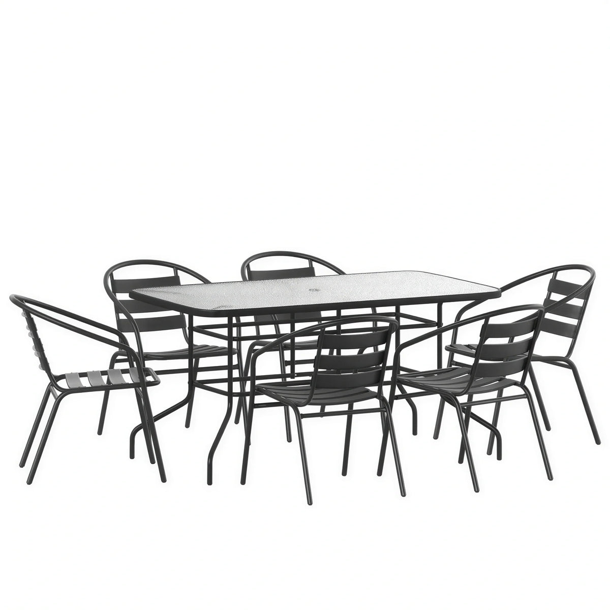 Flash Furniture TLH-089REC-017CBK6-GG 7-Piece Patio Dining Set with 55-Inch Tempered Glass Table and 6 Black Aluminum Slat Stack Chairs