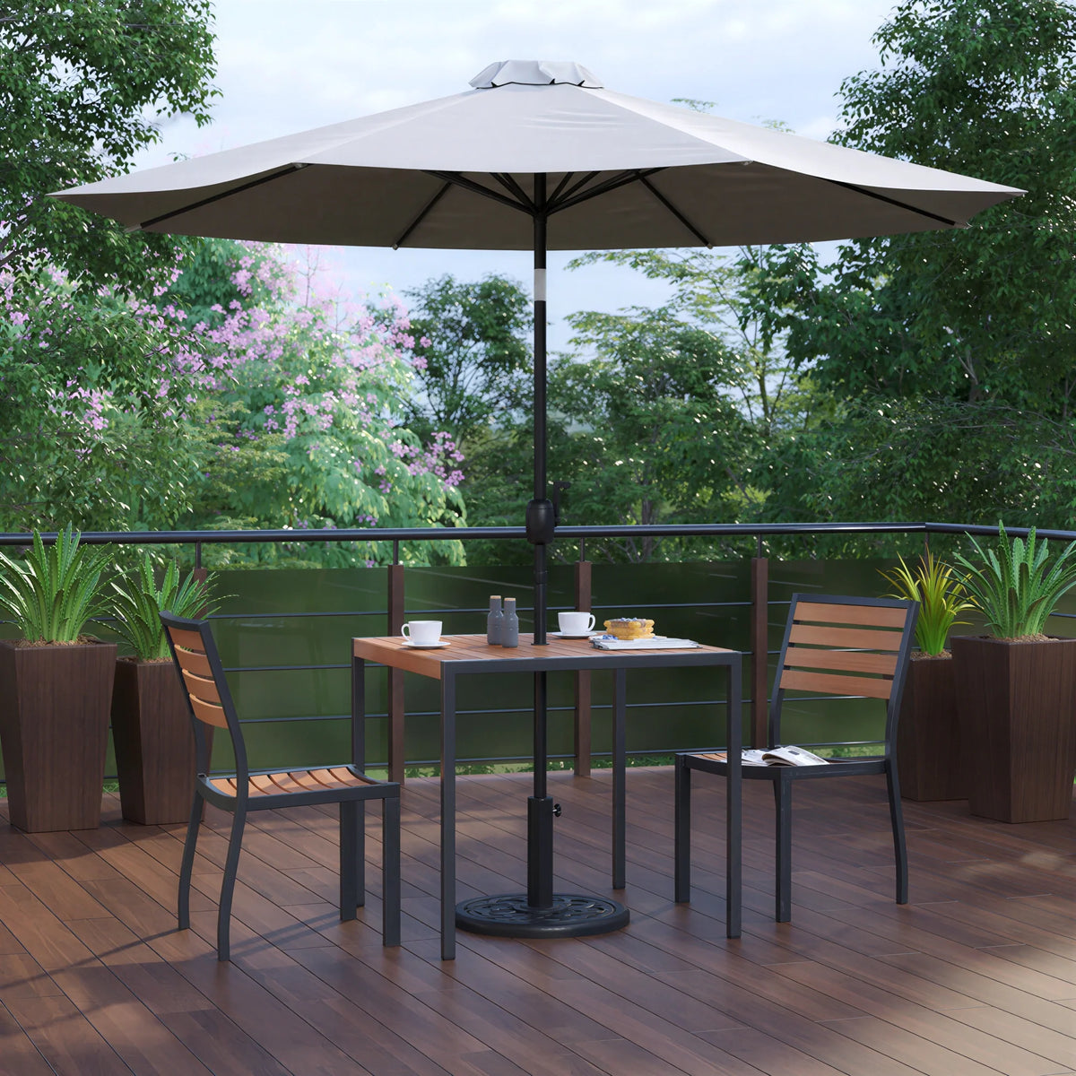 Flash Furniture XU-DG-810060362-UB19BGY-GG Patio Dining Table Set, 35-Inch Square Synthetic Teak Table with Gray Umbrella, Base & 2 Chairs