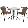 Flash Furniture TLH-087RD-037BN2-GG Round Glass Table and 2 Stacking Cafe Armchairs, Dark Brown Rattan, Black Metal Frames