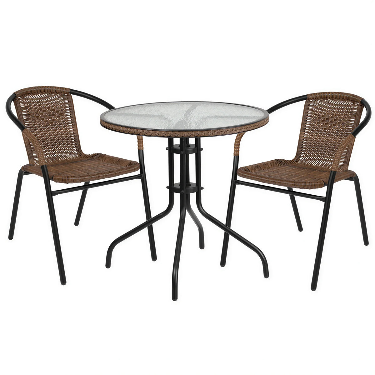 Flash Furniture TLH-087RD-037BN2-GG Round Glass Table and 2 Stacking Cafe Armchairs, Dark Brown Rattan, Black Metal Frames