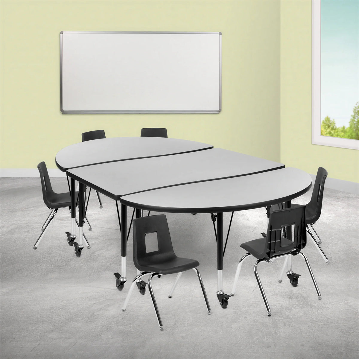 Flash Furniture Emmy XU-GRP-12CH-A3048CON-48-GY-T-P-CAS-GG Oval Activity Table and 6 Stack Chairs, Adjustable Height, Laminate Top, Gray/Black