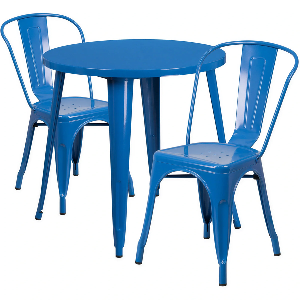 Flash Furniture CH-51090TH-2-18CAFE-BL-GG Round Table and Two- Chair Set, 30 in Table, 18 in Blue Metal Chairs