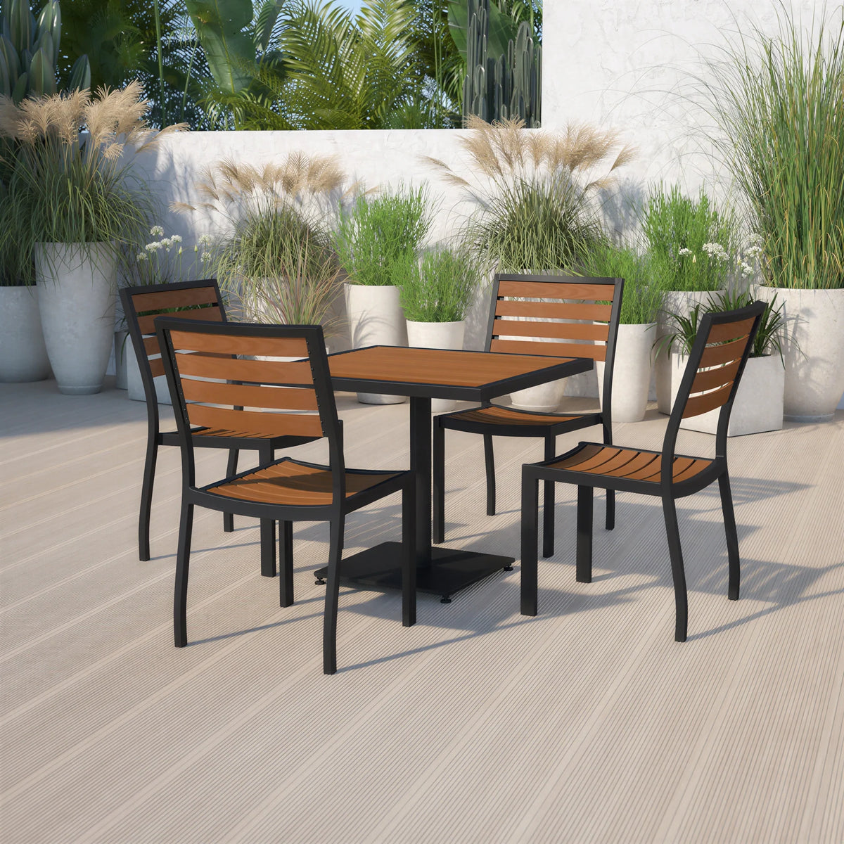 Flash Furniture XU-DG-10456036-GG Outdoor Faux Teak Square Table and Chair Set, 30-Inch Table, 4 Chairs