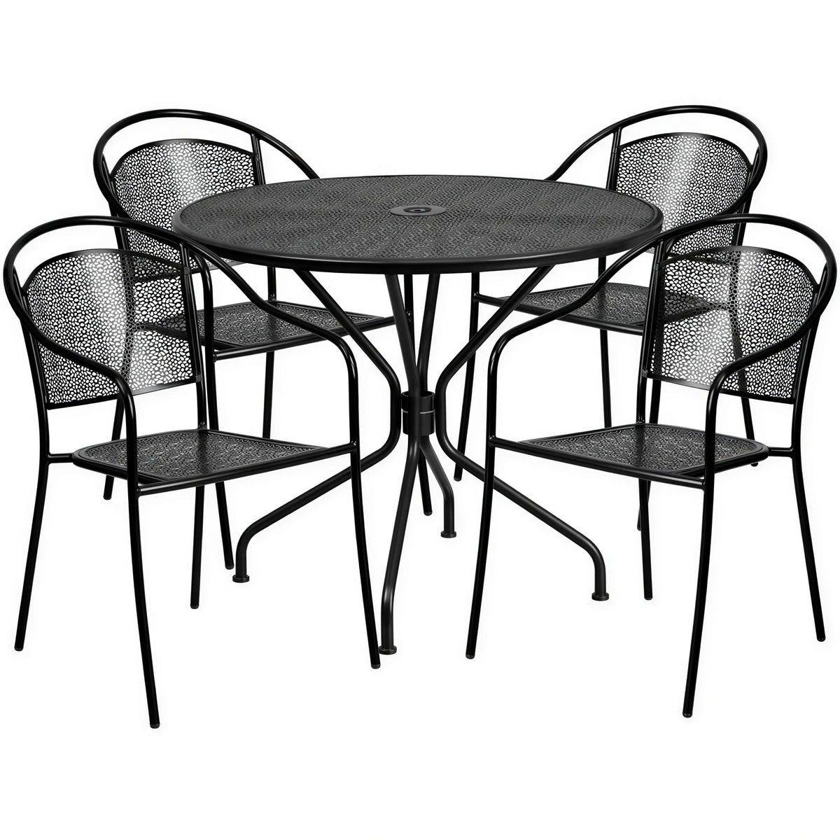 Flash Furniture CO-35RD-03CHR4-BK-GG Patio Table Set with Round Steel Table and 4 Stacking Arm Chairs, Black