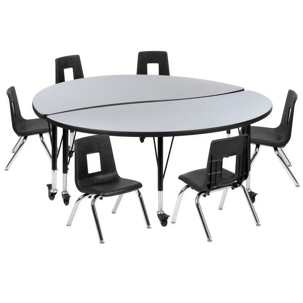 Flash Furniture Emmy XU-GRP-14CH-A60-HCIRC-GY-T-P-CAS-GG 60-Inch Round Laminate Activity Table with 6 Stack Chairs, Adjustable 17-25-Inch Height