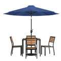 Flash Furniture XU-DG-810060364-UB19BNV-GG Patio Dining Table Set, 35" Square Synthetic Teak Table, Navy Umbrella, 4 Faux Teak Chairs