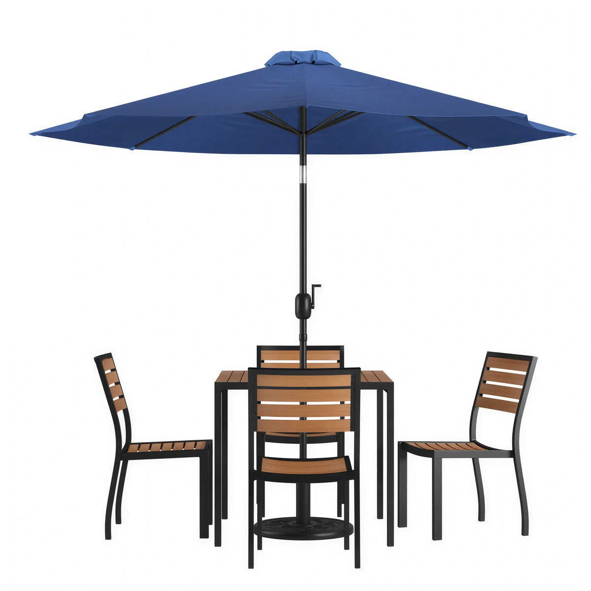 Flash Furniture XU-DG-810060364-UB19BNV-GG Patio Dining Table Set, 35" Square Synthetic Teak Table, Navy Umbrella, 4 Faux Teak Chairs