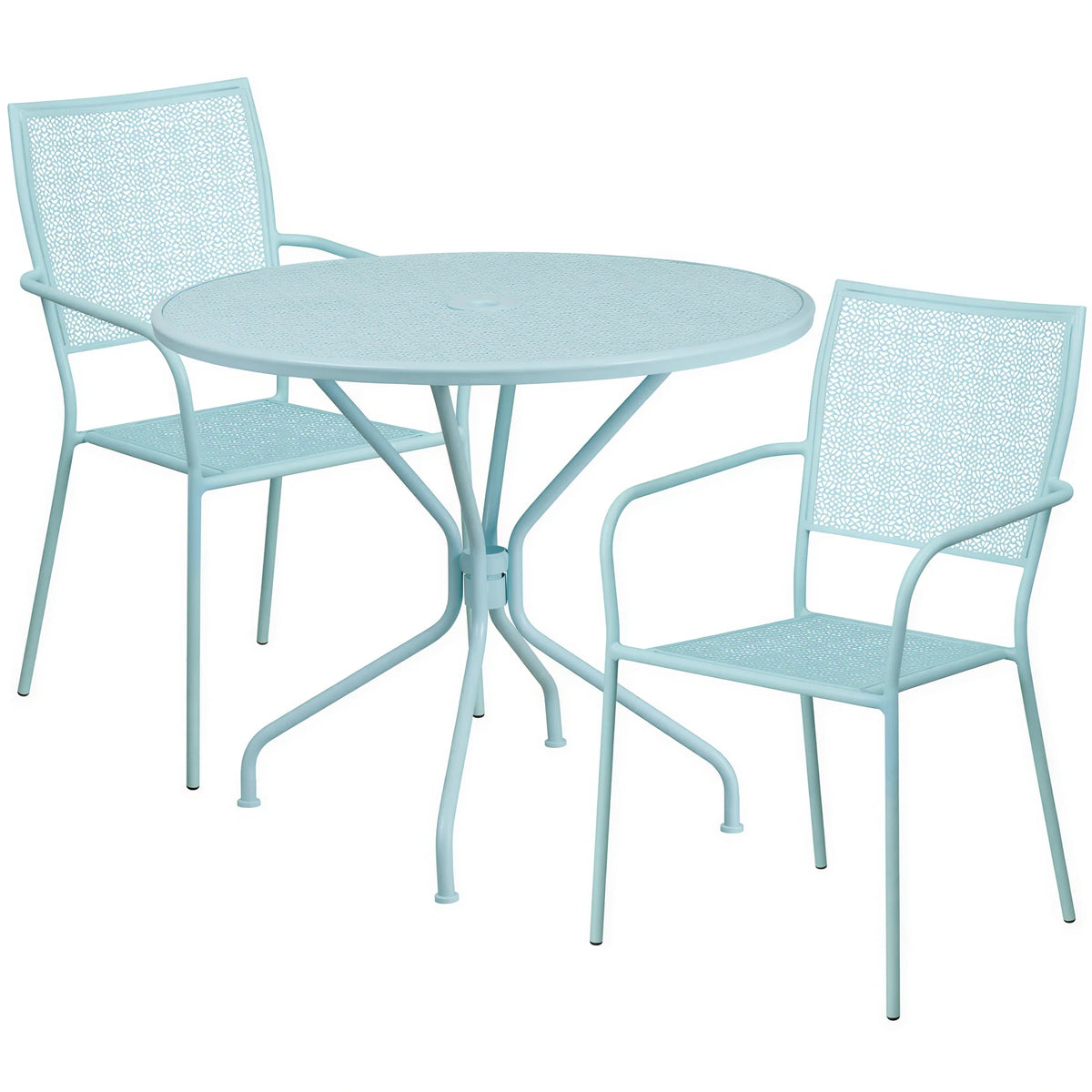 Flash Furniture CO-35RD-02CHR2-SKY-GG Round Steel Patio Table Set with 2 Stacking Arm Chairs, 35-1/4" Diameter x 28-3/4"H, Sky Blue
