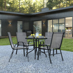 Flash Furniture TLH-0702303C-GY-GG 5-Piece Outdoor Patio Dining Set with 31.5-Inch Round Tempered Glass Table and 4 Gray Stack Chairs