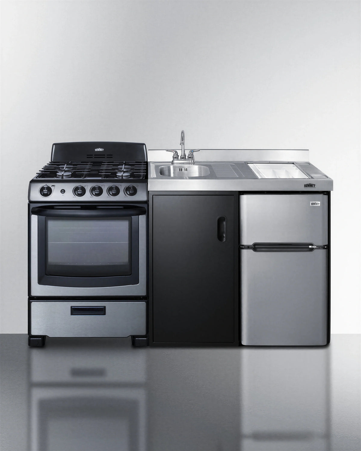 Summit Commercial Summit Appliance ACK63GASBSS 63-Inch All-in-One Kitchenette with Gas Range, Refrigerator, Sink & Stainless Steel Countertop