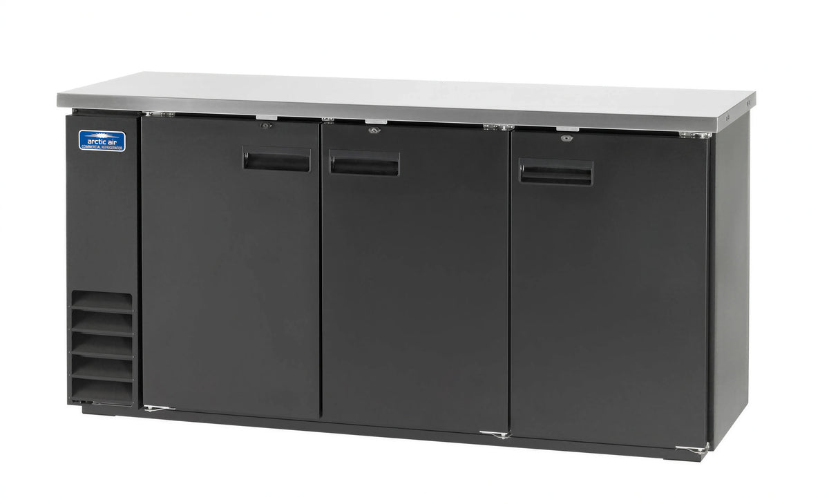 Arctic Air ABB72 73-Inch 3-Door Solid Door Back Bar Refrigerator, 20.7 Cu. Ft., Black Exterior, Stainless Steel Top