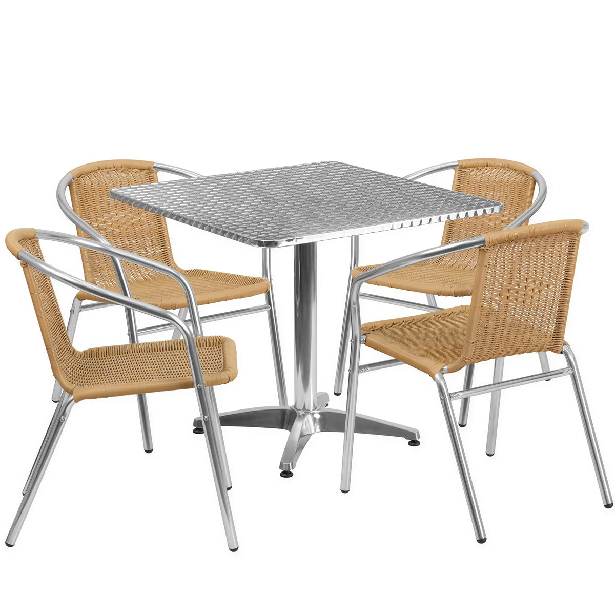Flash Furniture TLH-ALUM-32SQ-020BGECHR4-GG Square Stainless-Steel-Top Table Set with 4 Beige Rattan Stacking Chairs, Aluminum Frames