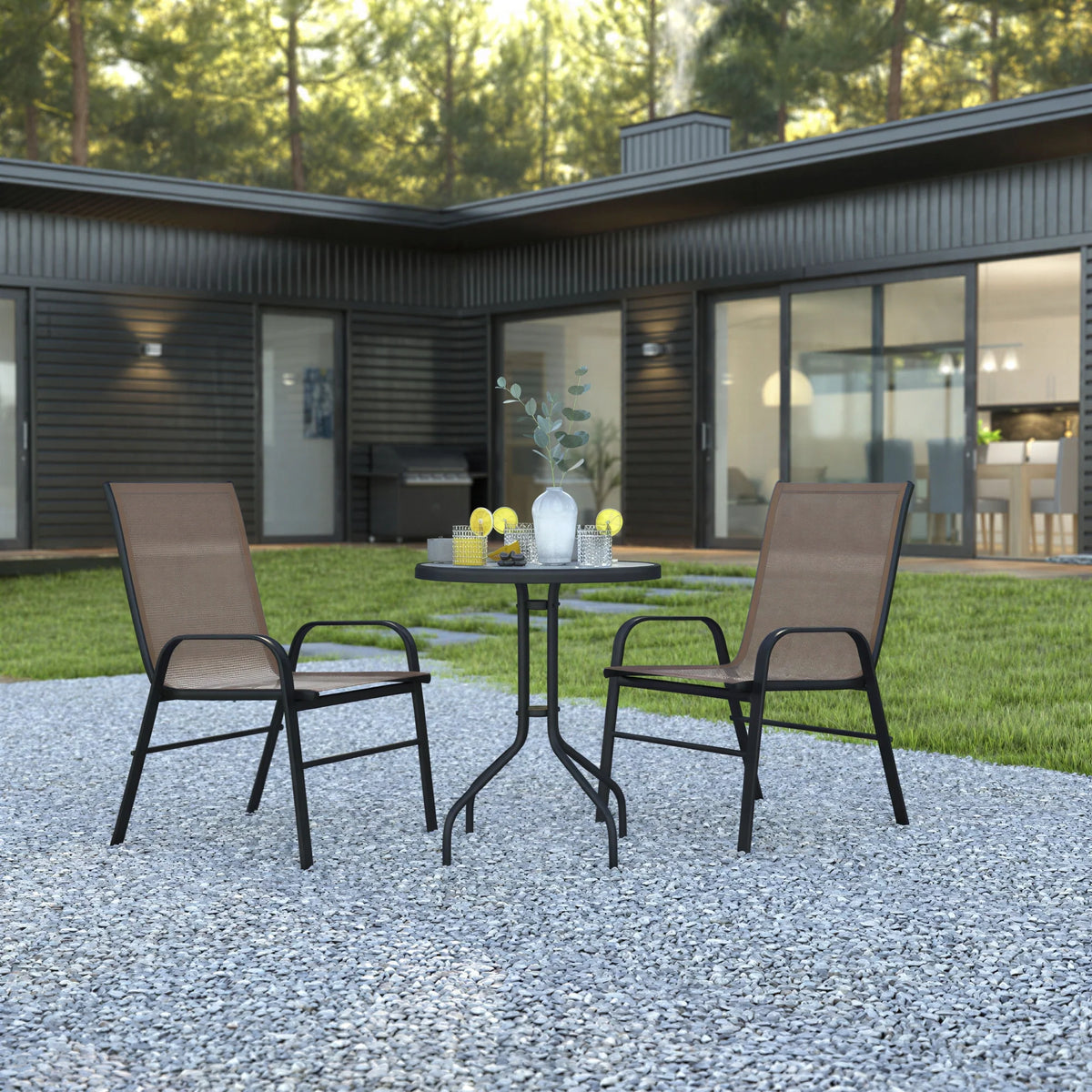 Flash Furniture TLH-0701303C-BN-GG 3-Piece Outdoor Patio Dining Set with 23.75-Inch Round Tempered Glass Table and 2 Brown Stack Chairs