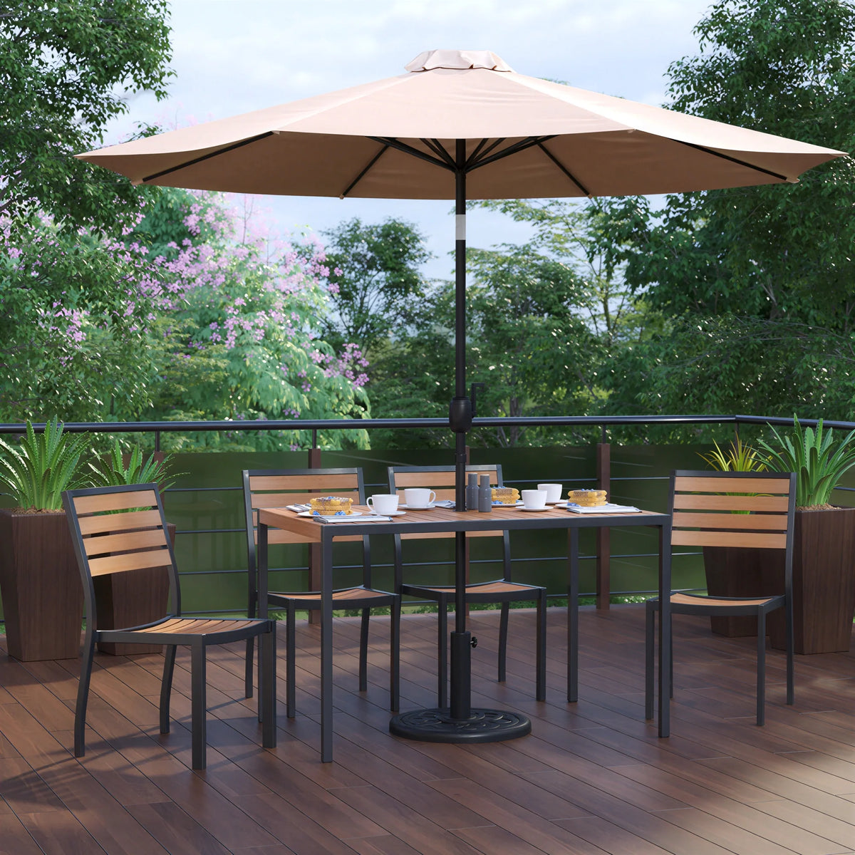 Flash Furniture XU-DG-304860364-UB19BTN-GG Patio Dining Set, 48 x 30 in Rectangular Synthetic Teak Table, 4 Faux Teak Chairs, Tan Umbrella