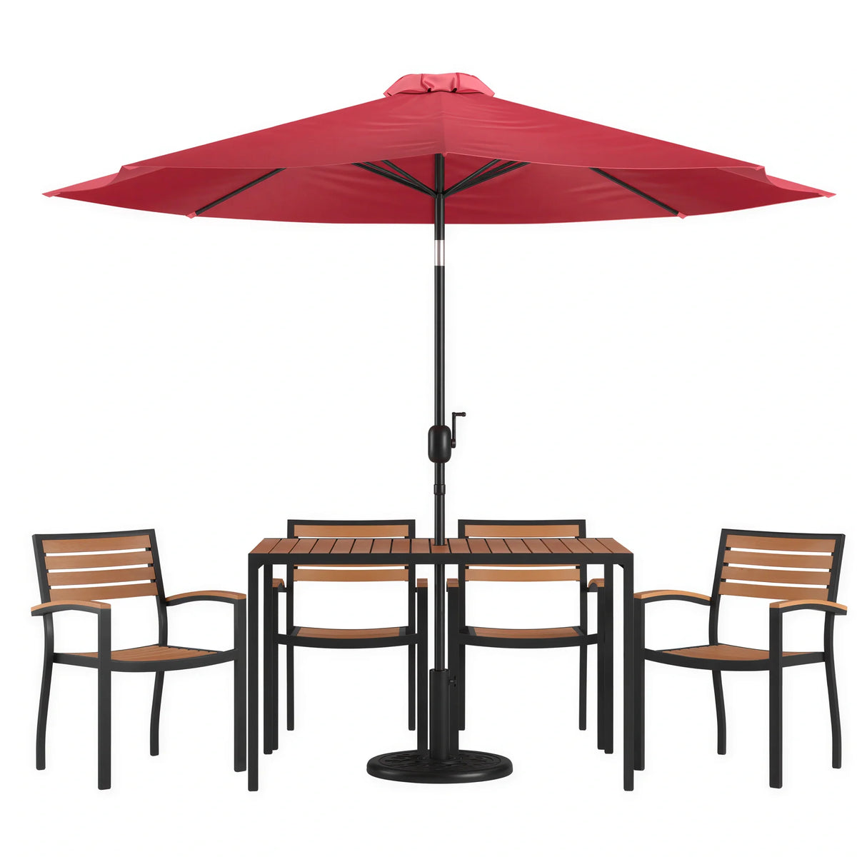 Flash Furniture XU-DG-304860064-UB19BRD-GG 48-Inch Rectangular Synthetic Teak Patio Dining Table Set with 4 Stacking Chairs, Red Umbrella and Base
