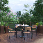 Flash Furniture XU-DG-104560064-GG 30" Square Patio Dining Table Set with 4 Stacking Chairs, Faux Teak Slatted Top, Steel Frame