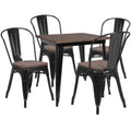 Flash Furniture CH-WD-TBCH-18-GG Square Table and 4 Stackable Chairs Set, Elm Wood Top, Galvanized Steel Frame, Black