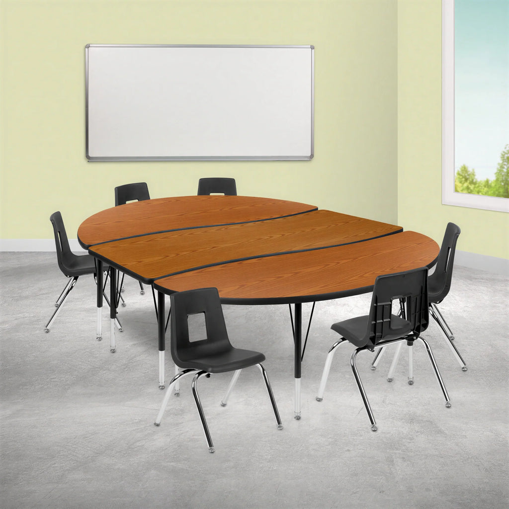 Flash Furniture Emmy XU-GRP-14CH-A3060CON-60-OAK-T-P-GG Oval Adjustable-Height Activity Table and 6 Stack Chairs, Oak/Black