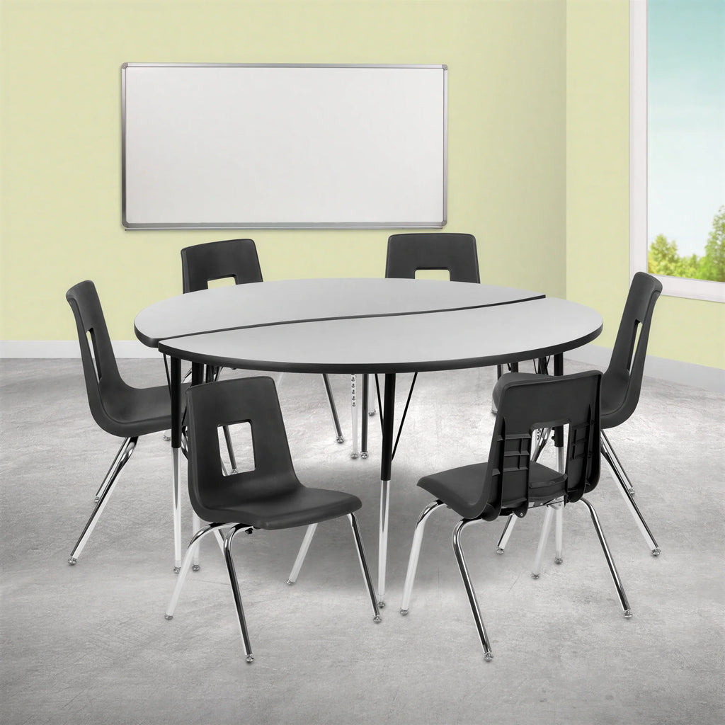 Flash Furniture Emmy XU-GRP-16CH-A60-HCIRC-GY-T-A-GG Round Activity Table and 6 Stack Chairs, 60" Diameter, Adjustable Height, Gray/Black