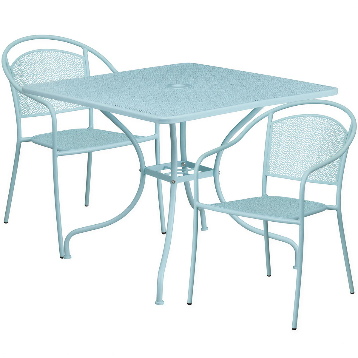 Flash Furniture CO-35SQ-03CHR2-SKY-GG Square Steel Patio Table Set with 2 Stacking Arm Chairs, 35-1/2"W, Sky Blue