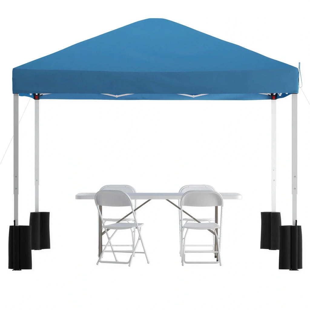 Flash Furniture JJ-GZ10PKG183Z-4LEL3-BLWH-GG 10' x 10' Blue Pop-Up Canopy Tent Set with 6' Folding Table, 4 White Chairs and Weight Bags