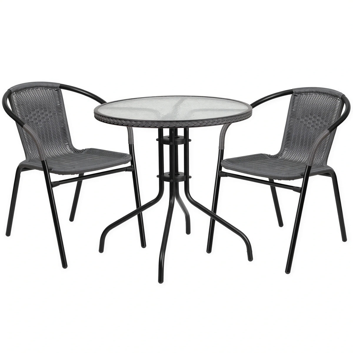 Flash Furniture TLH-087RD-037GY2-GG Round Glass-Top Table and 2 Stacking Cafe Armchairs, Gray Rattan, Black Powder-Coated Metal