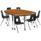 Flash Furniture Emmy XU-GRP-18CH-A3060CON-60-OAK-T-A-CAS-GG Adjustable Oval Activity Table Set with 6 Stack Chairs, Oak/Black Laminate