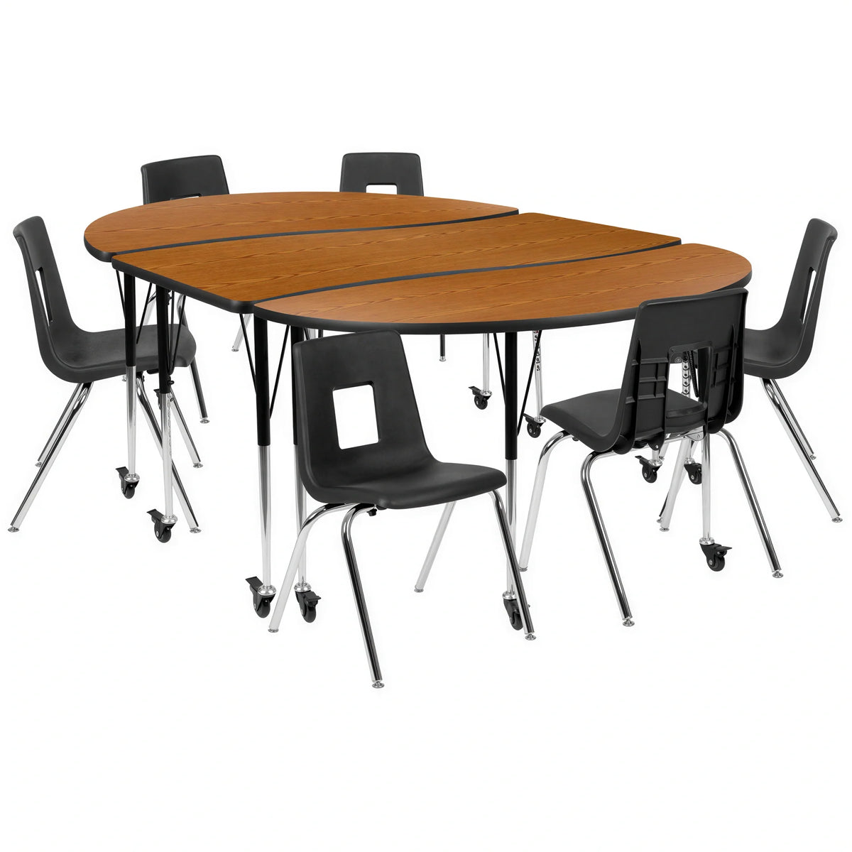 Flash Furniture Emmy XU-GRP-18CH-A3060CON-60-OAK-T-A-CAS-GG Adjustable Oval Activity Table Set with 6 Stack Chairs, Oak/Black Laminate