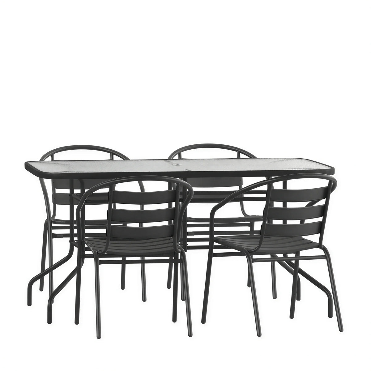 Flash Furniture TLH-089REC-017CBK4-GG 5-Piece Patio Dining Set with 55-Inch Tempered Glass Table, Umbrella Hole and 4 Black Aluminum Slat Chairs