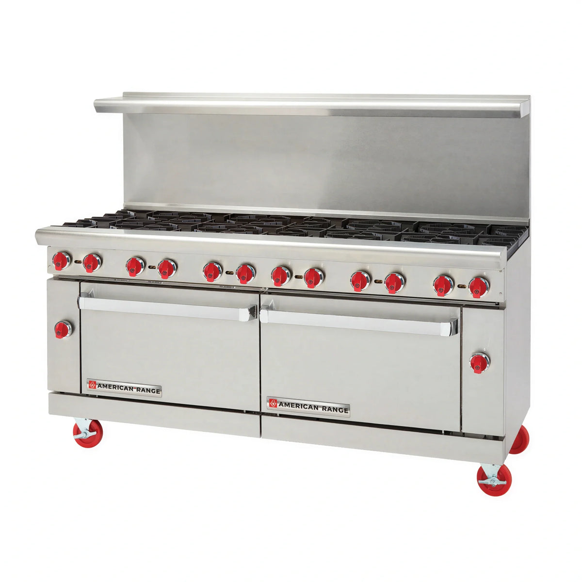 American Range AR-12 72-Inch Commercial Gas Range with 12 Open Burners, 2 Standard Ovens, Stainless Steel Front & Sides, and Back Riser Shelf