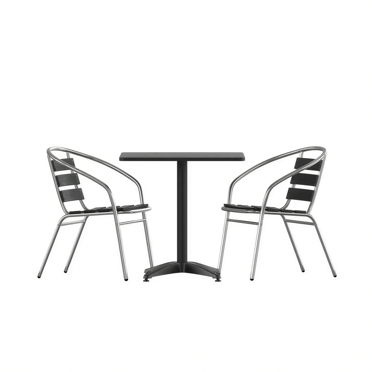 Flash Furniture TLH-ALUM-28SQ-017BK2-GG Square Metal Table Set with Two Black Aluminum Slat-Back Chairs