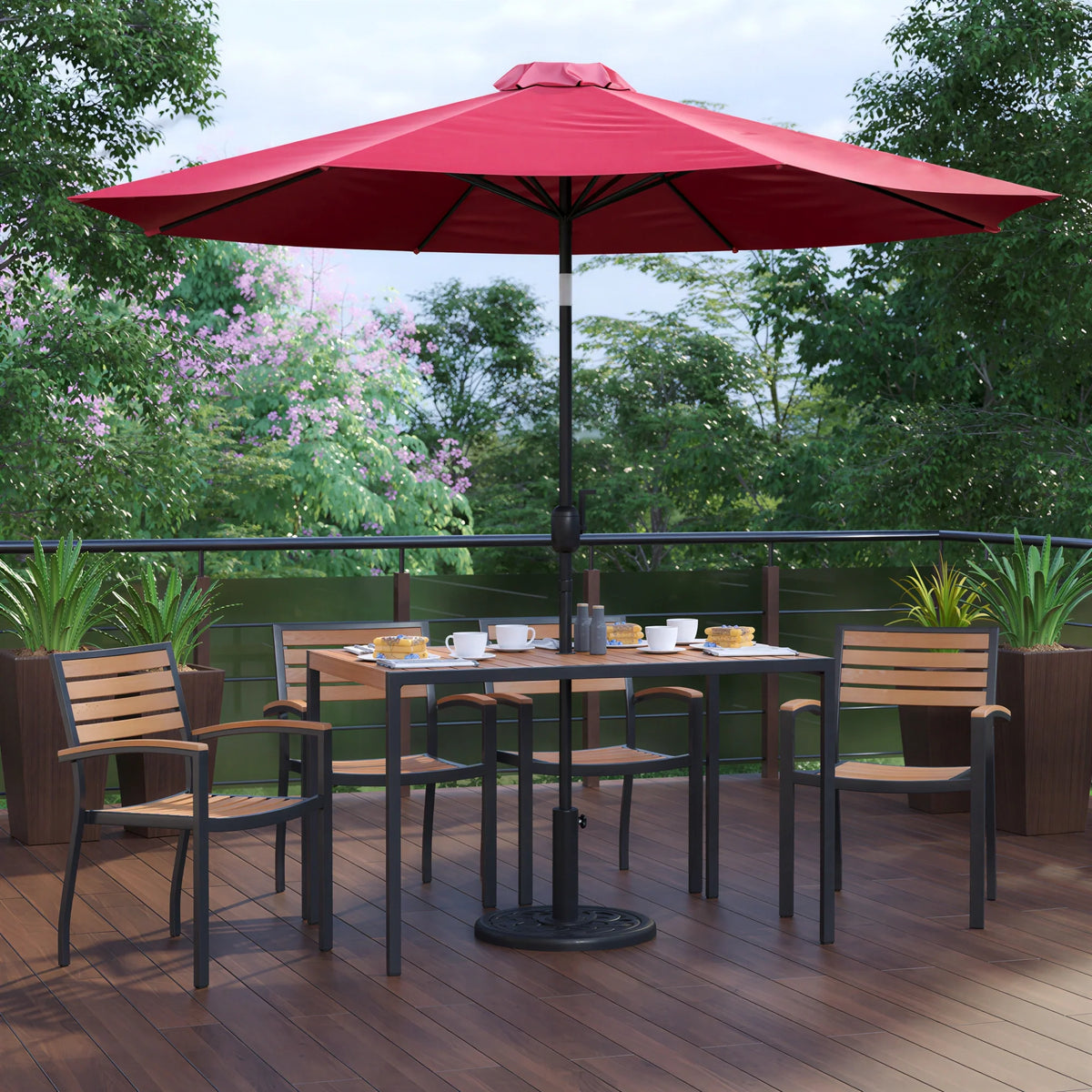 Flash Furniture XU-DG-304860064-UB19BRD-GG 48-Inch Rectangular Synthetic Teak Patio Dining Table Set with 4 Stacking Chairs, Red Umbrella and Base