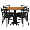 Flash Furniture HDBF1031-GG Round 36" Table and 4-Chair Set, 30"H, Natural Laminate, Black Vinyl Padded Seats, Metal Ladder-Back Chairs
