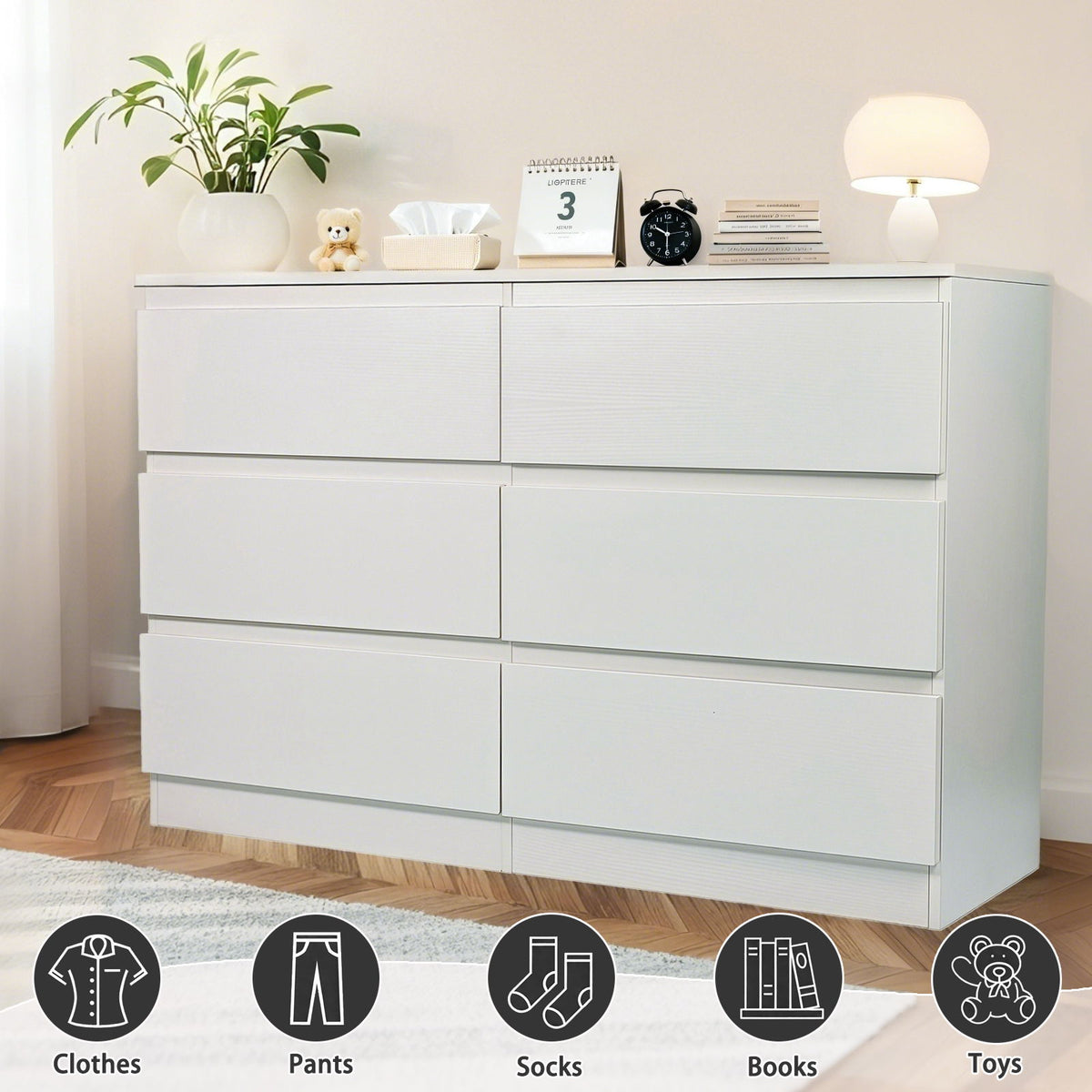 6 Drawer Dresser with Spacious Countertop and Concealed Handles - White or Black