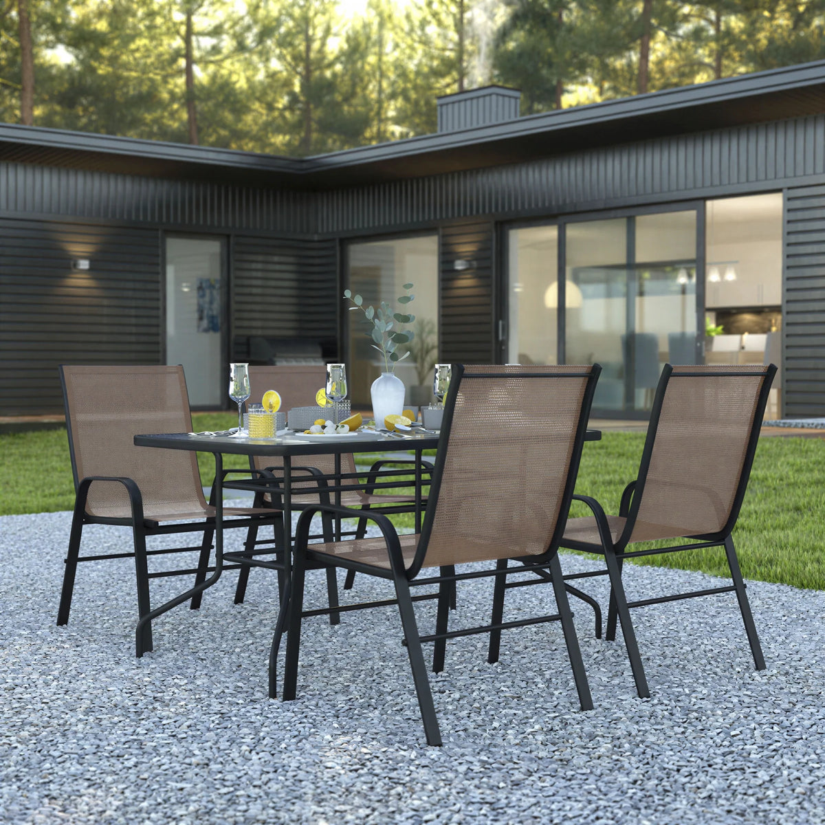 Flash Furniture TLH-089REC-303CBN4-GG 5-Piece Outdoor Patio Dining Set with 55-Inch Tempered Glass Table, Umbrella Hole and 4 Brown Stack Chairs