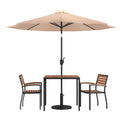 Flash Furniture XU-DG-810060062-UB19BTN-GG 35-Inch Square Patio Dining Table Set with Umbrella, Base, and 2 Stacking Chairs