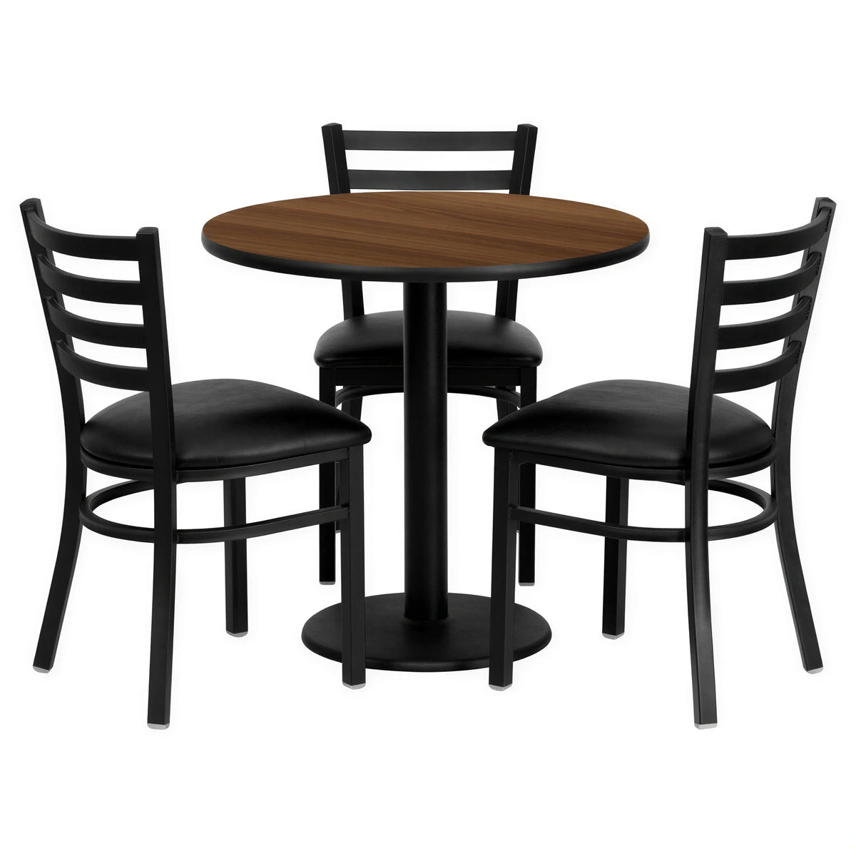 Flash Furniture MD-0002-GG 30" Round Walnut Laminate Table and 3 Black Vinyl Ladder-Back Chairs Set