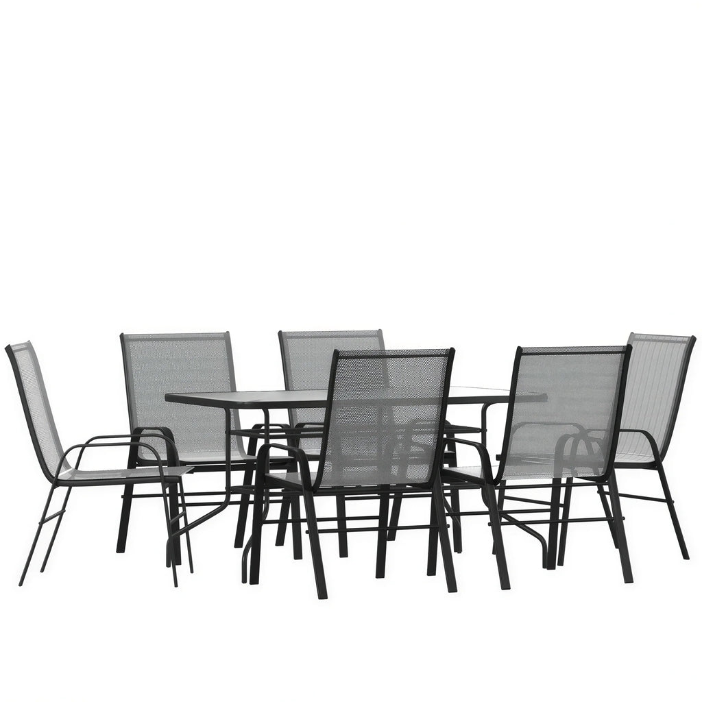 Flash Furniture TLH-089REC-303CGY6-GG 7-Piece Outdoor Patio Dining Set with 55-Inch Tempered Glass Table and 6 Gray Stack Chairs