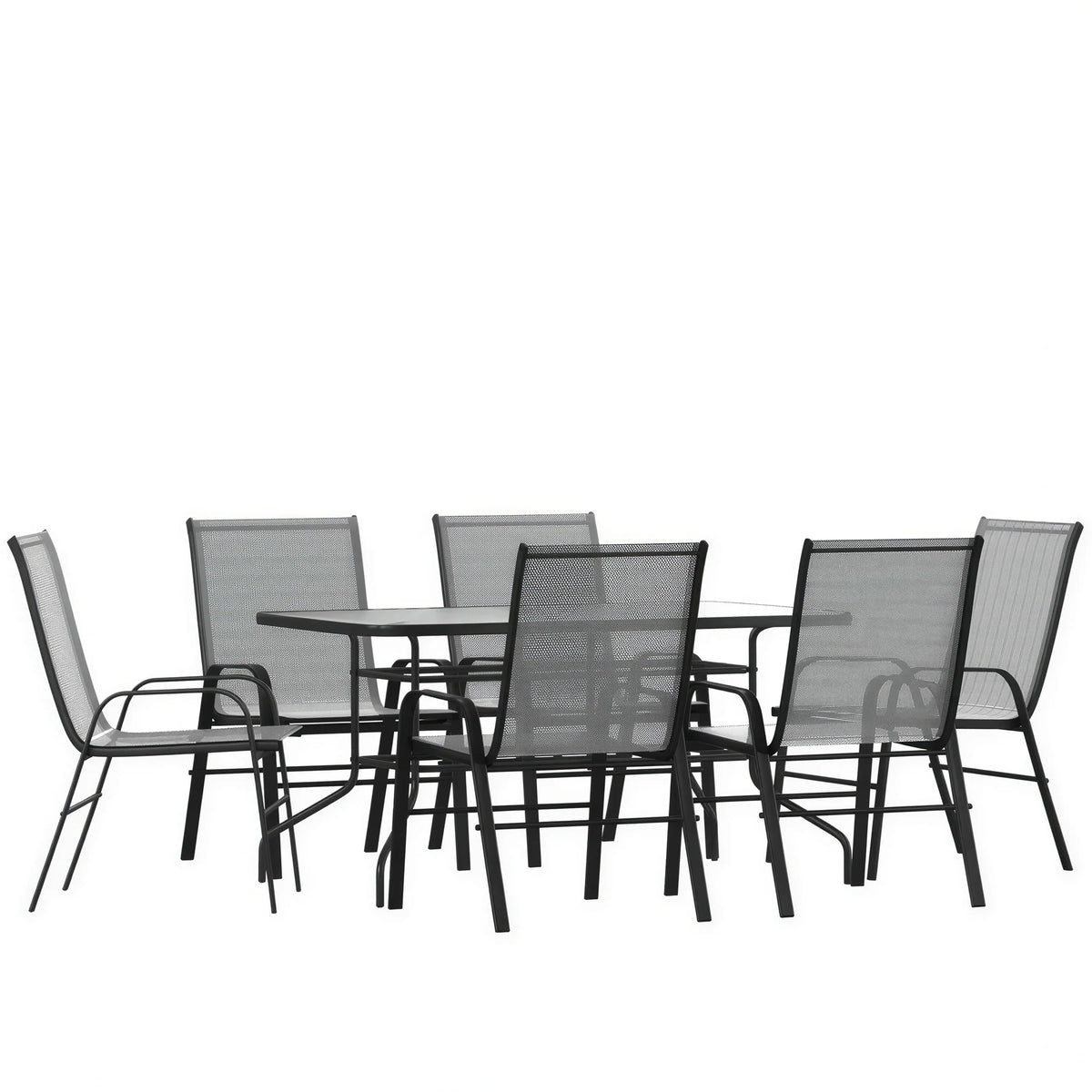 Flash Furniture TLH-089REC-303CGY6-GG 7-Piece Outdoor Patio Dining Set with 55-Inch Tempered Glass Table and 6 Gray Stack Chairs