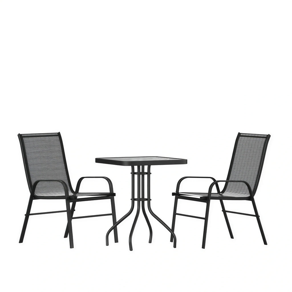 Flash Furniture TLH-073A1303C-GG 3-Piece Outdoor Patio Dining Set with Square Tempered Glass Table and 2 Black Stack Chairs