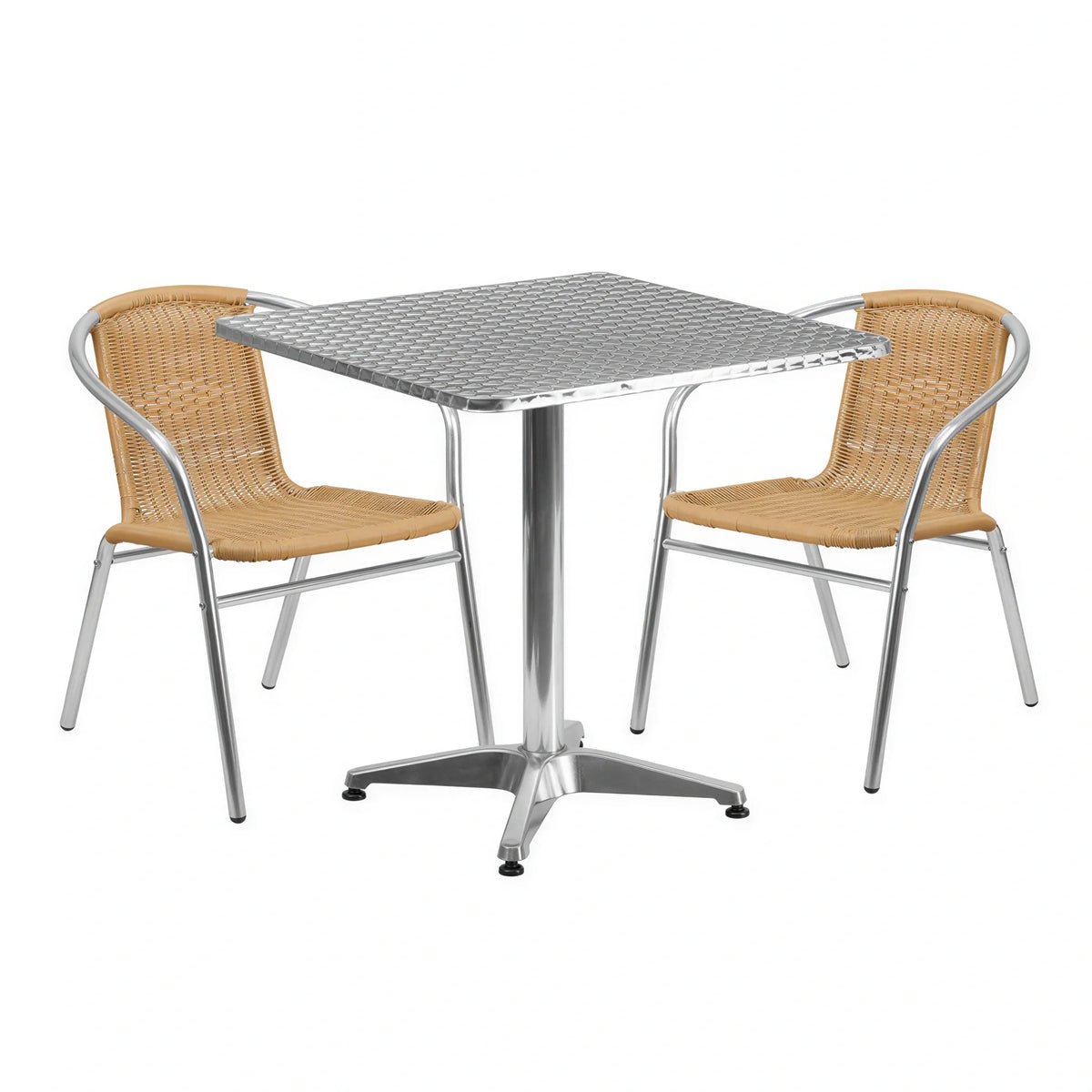 Flash Furniture TLH-ALUM-28SQ-020BGECHR2-GG Square Stainless Steel-Top Table Set with 2 Beige Rattan Arm Chairs