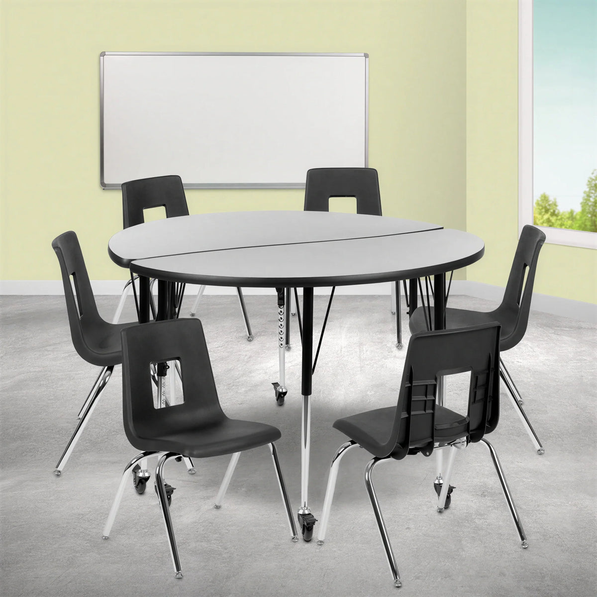 Flash Furniture Emmy XU-GRP-18CH-A48-HCIRC-GY-T-A-CAS-GG Round Adjustable-Height Activity Table with 6 Stack Chairs, 48-Inch Diameter